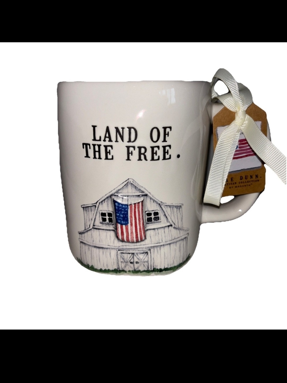 Rae Dunn White 'Land of the Free' Ceramic Mug with Flag Barn Illustration